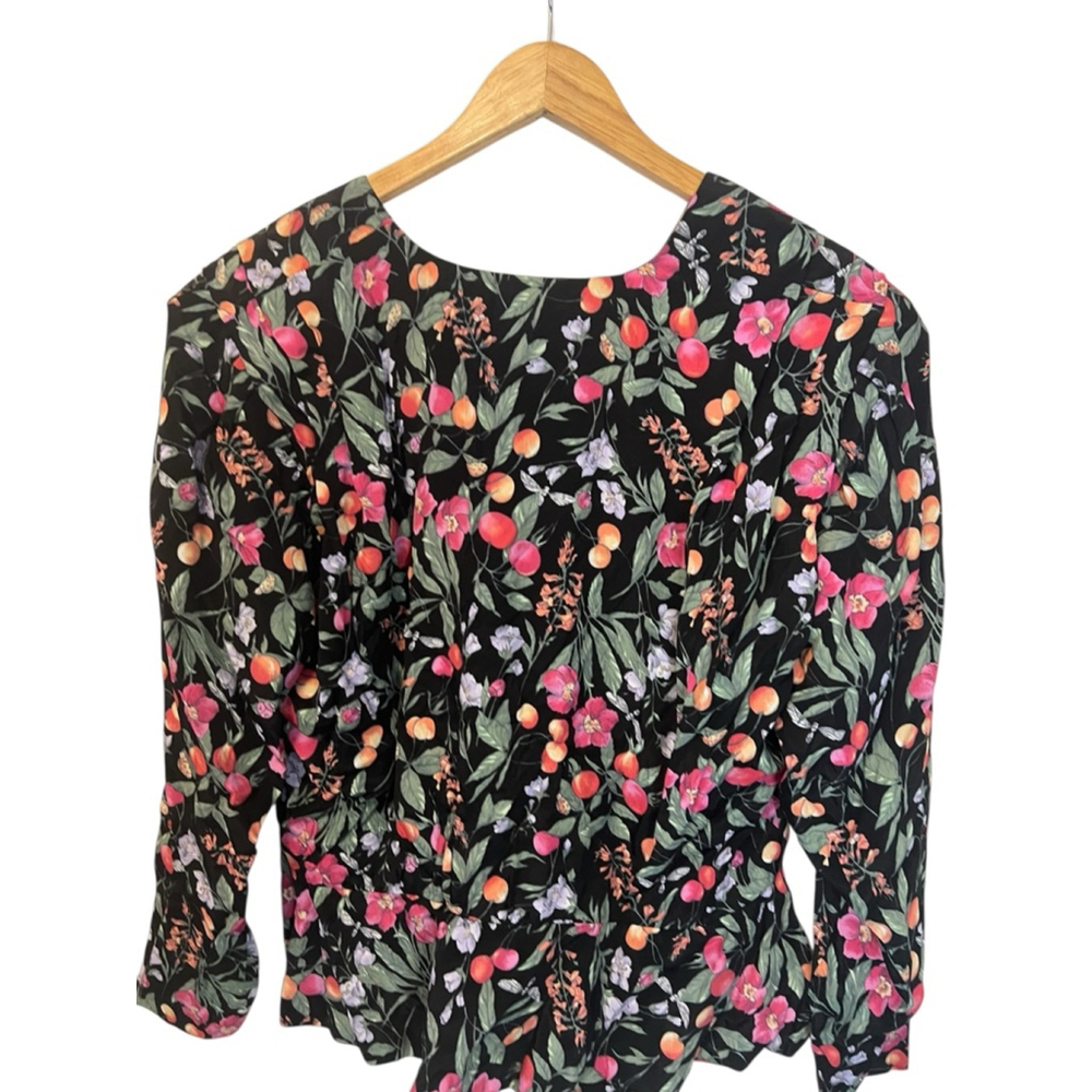 Vintage Black Floral Fruit Print Blouse Large Cottagecore Button Front Top - Picture 6 of 9